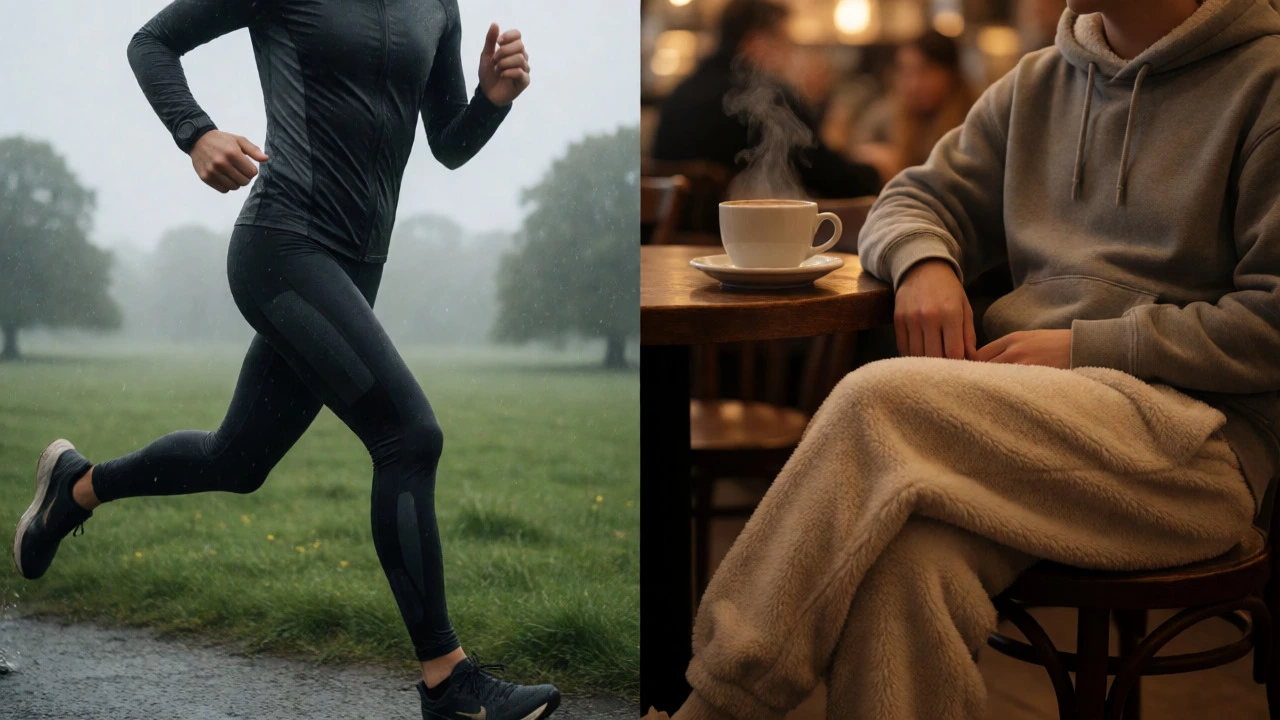 Contrast between high-performance running gear in rain and cozy athleisure in a cafe