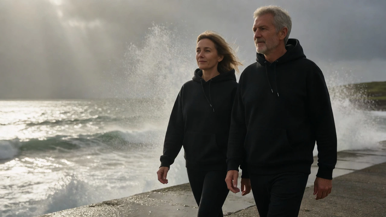 Couple in black hoodies walking along the windy Galway coast