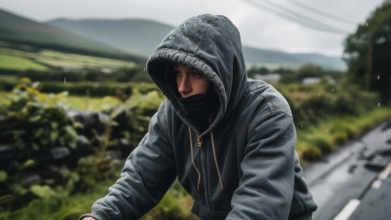 Cyclist wearing a rugged hooded sweatshirt in wet Irish landscape