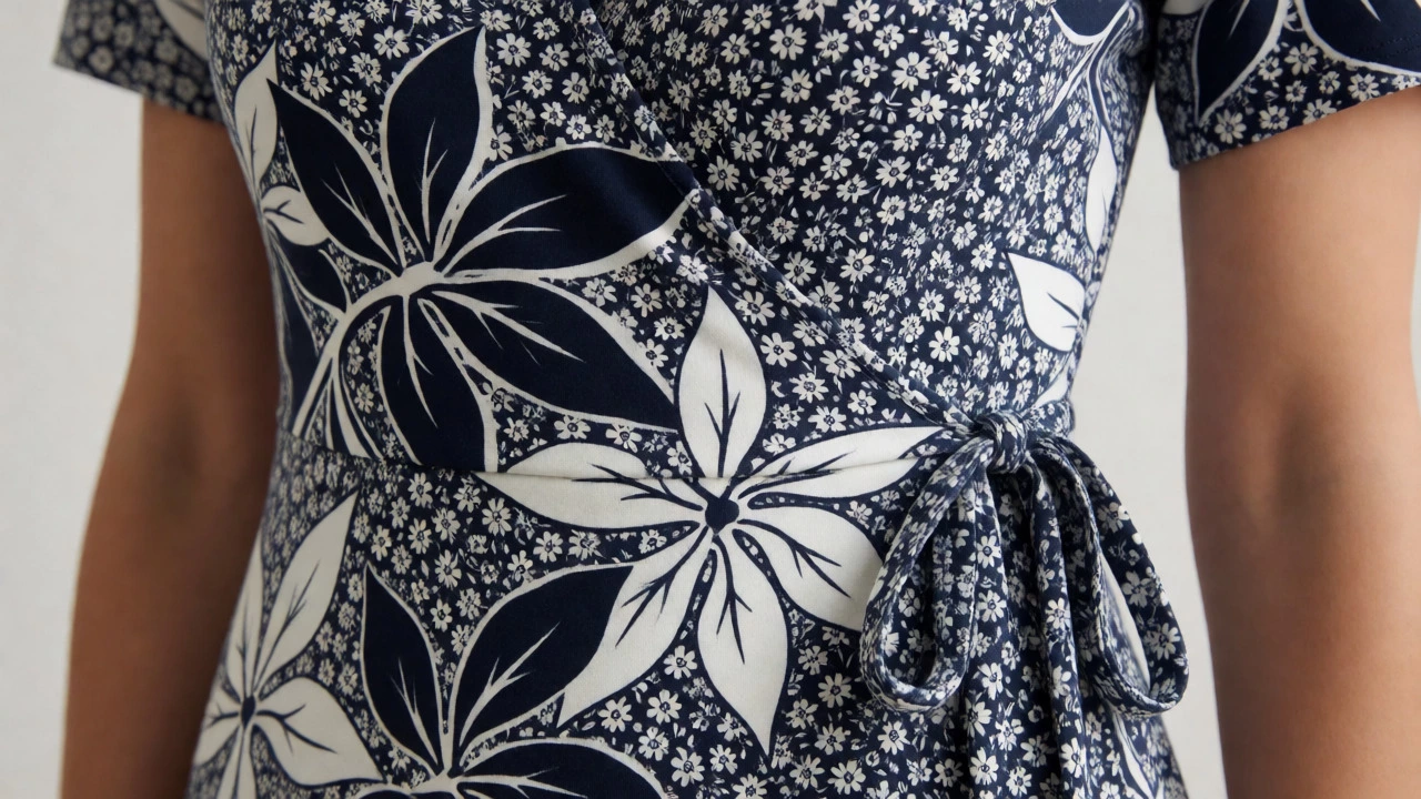 Detail of fitted wrap dress with large botanical print