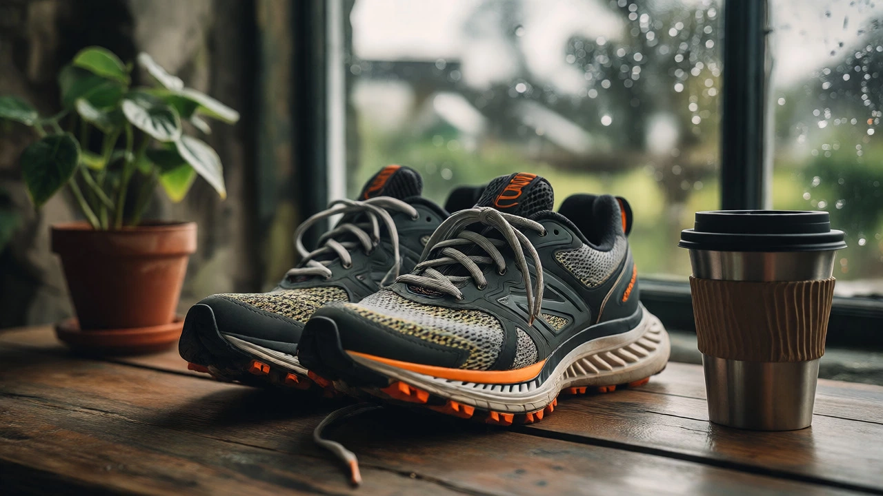 Eco-friendly running shoes and coffee cup by a window with rainy Irish view