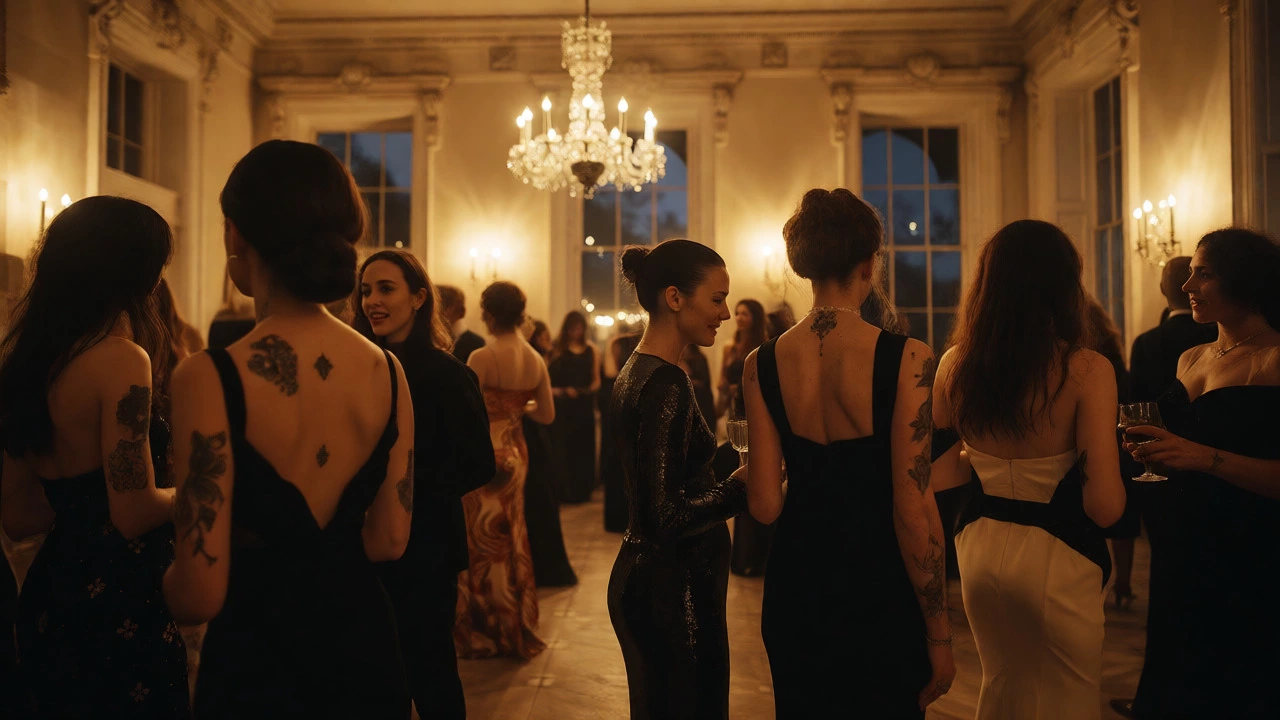 Elegant guests at a Dublin gala blending minimalist and tattooed formal styles