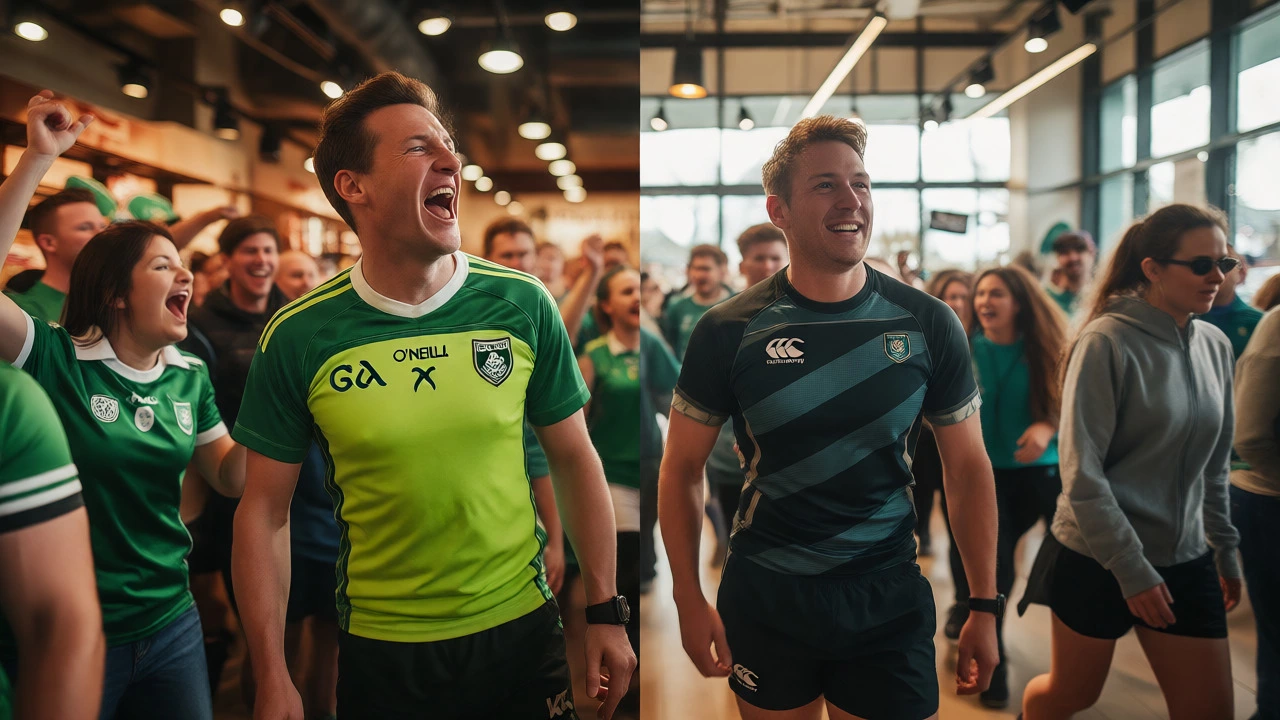 Fans in O'Neills GAA jerseys and Canterbury rugby kits in an Irish sports venue