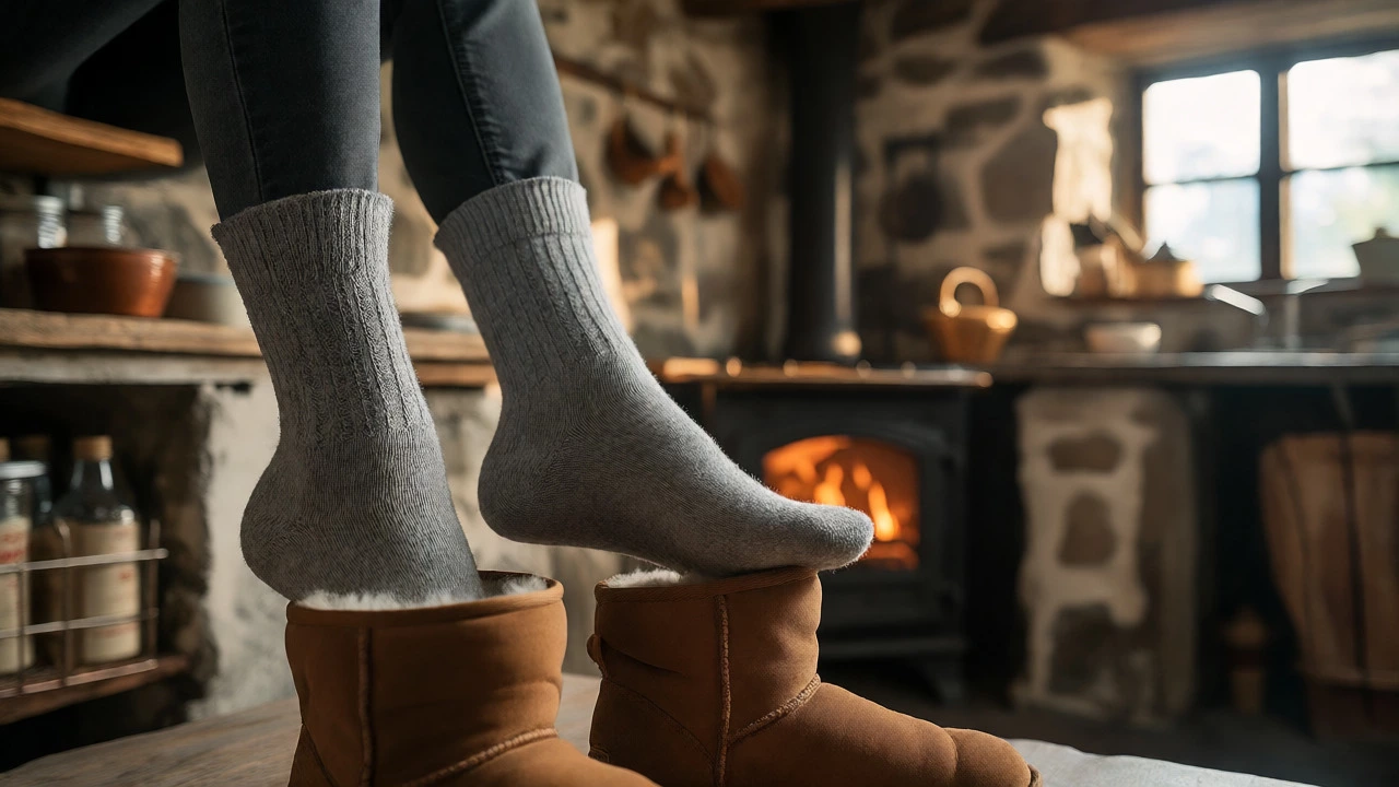 Feet in thin merino socks slipping into new UGG boots in a rustic kitchen.