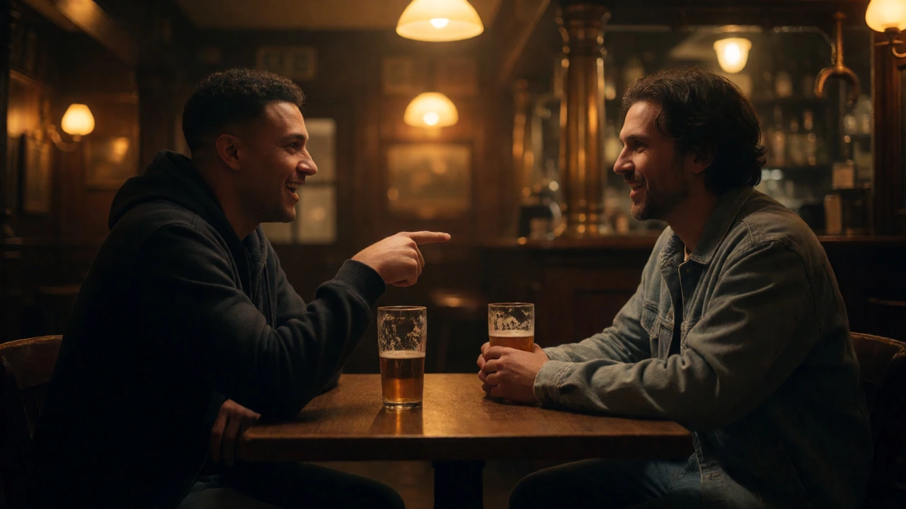 Friends discussing colorful Nike Dunks in a cozy pub