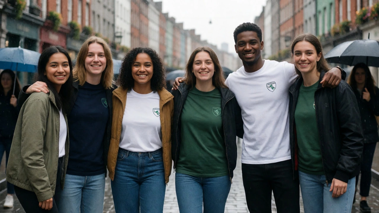Friends in stylish T-shirts walking down rainy Grafton Street in Dublin