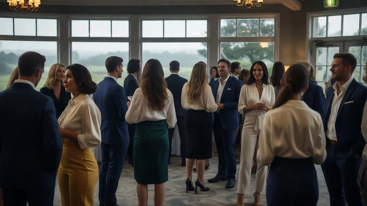 Guests in smart attire mingling at Irish country house gala during rain