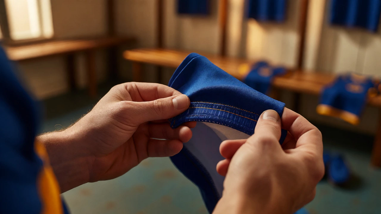 Hands stretching a GAA jersey to show elasticity and checking fabric details.