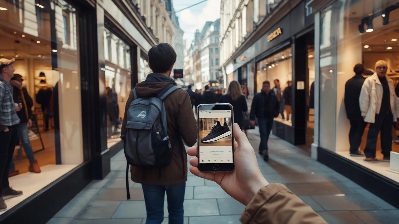 Irish traveler using a phone photo to identify specific trainers in a London shop.