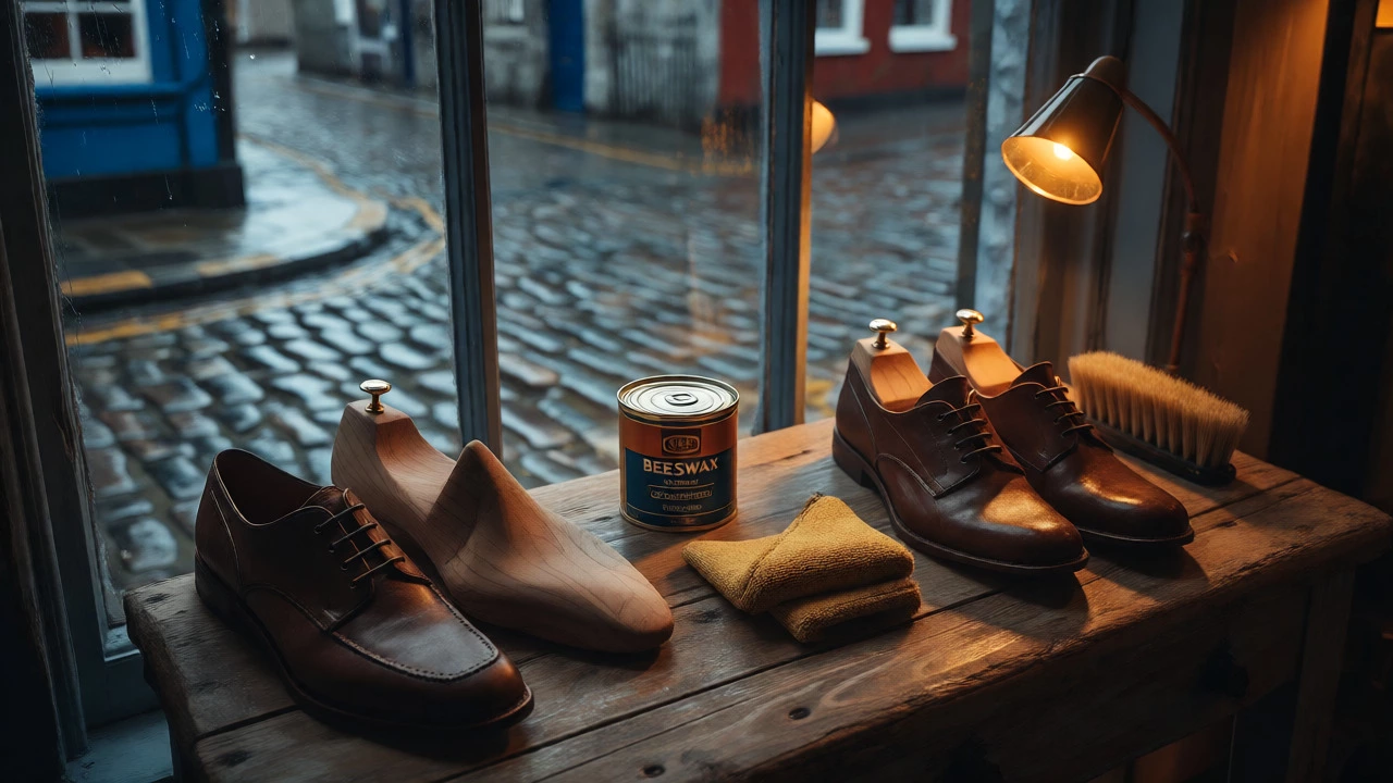 Leather care products like wax and shoe trees arranged on a table with a rainy city view.