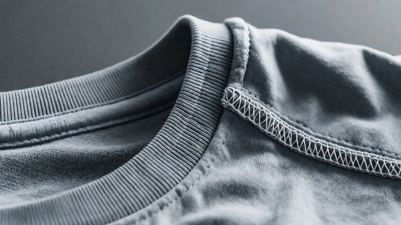 Macro view of reinforced shoulder tape and double-needle stitching on a t-shirt collar.