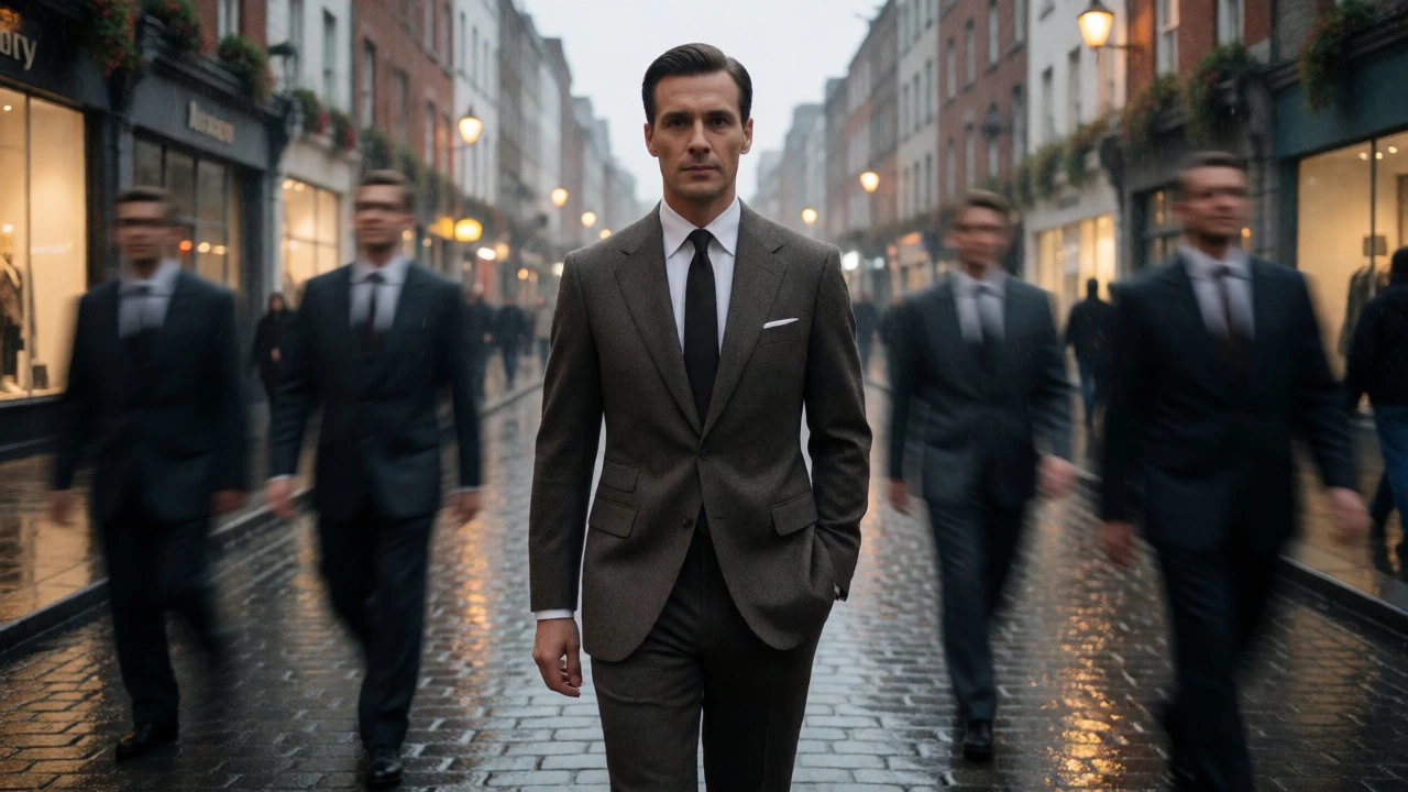 Man in a quality wool suit walking through rain on Grafton Street