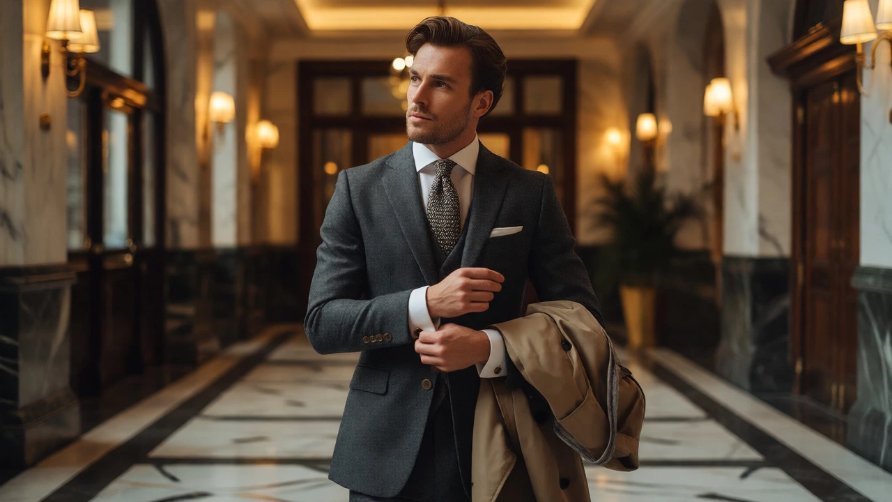 Man in charcoal suit and knit tie adjusting cuffs in luxury Dublin lobby