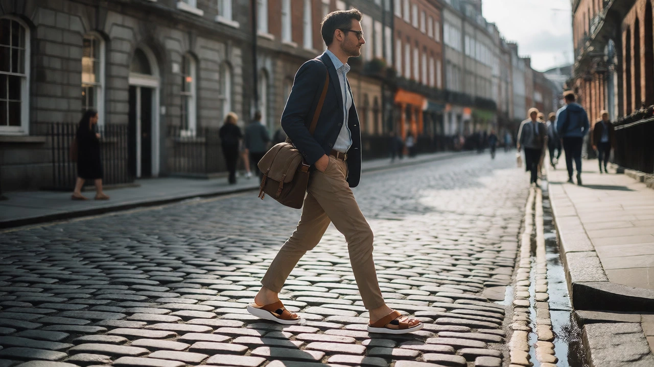 Man in leather slides walking on Dublin cobblestones