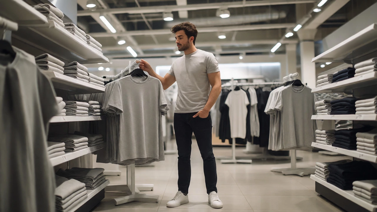 Man selecting a plain grey t-shirt from a rack in a bright retail clothing store.
