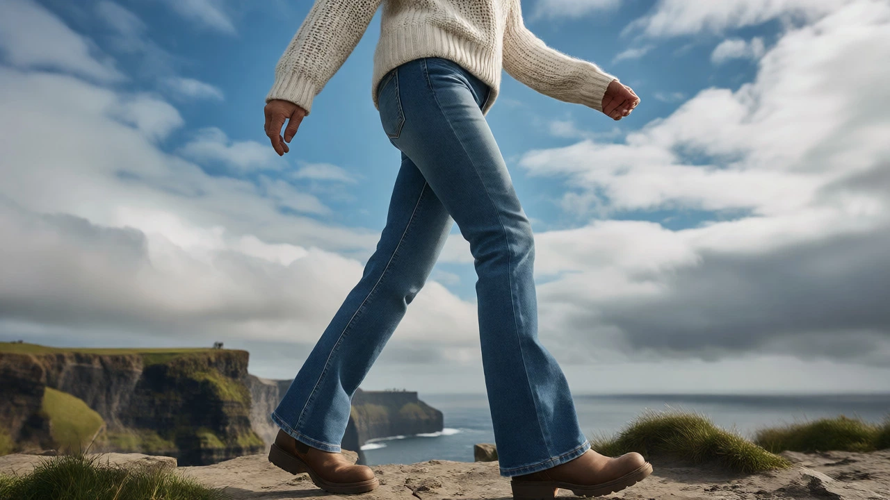 Mature woman in medium wash jeans at Cliffs of Moher