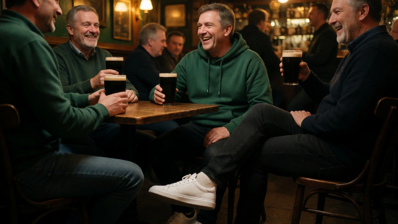 Men in their 50s wearing hoodies casually while socializing in a traditional Irish pub.