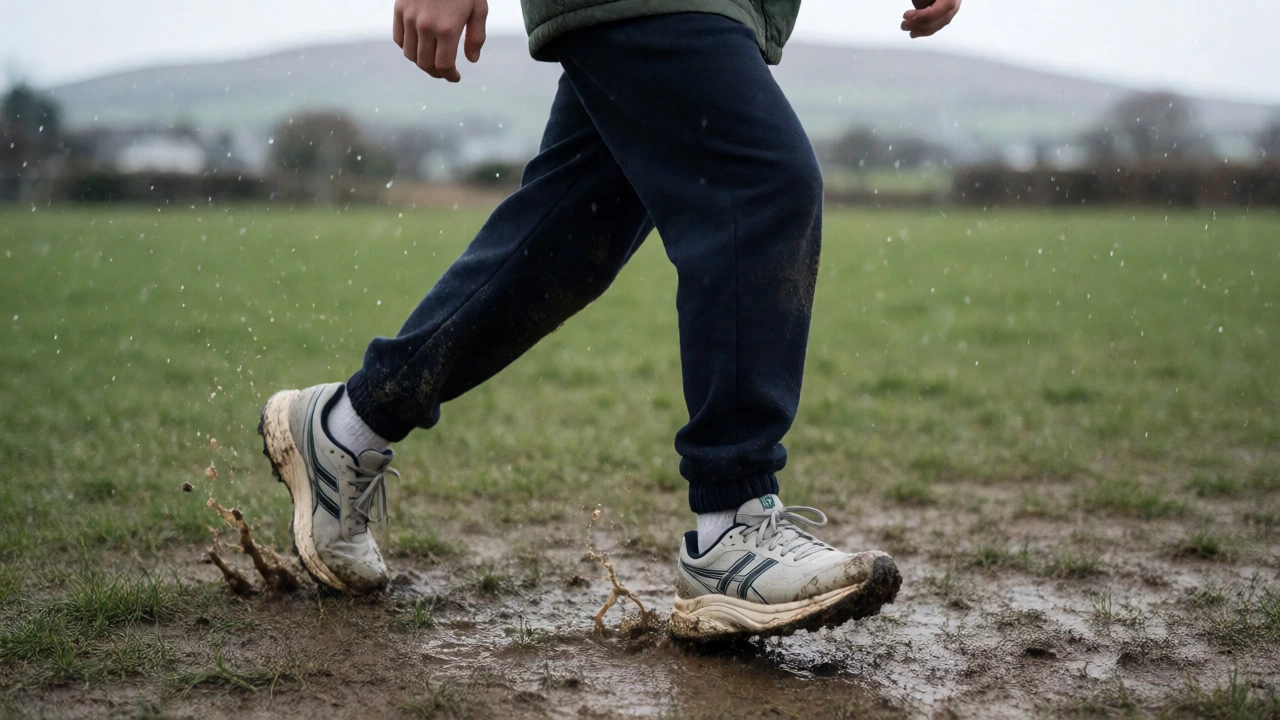 Muddy athletic runners on a rainy Irish sports field