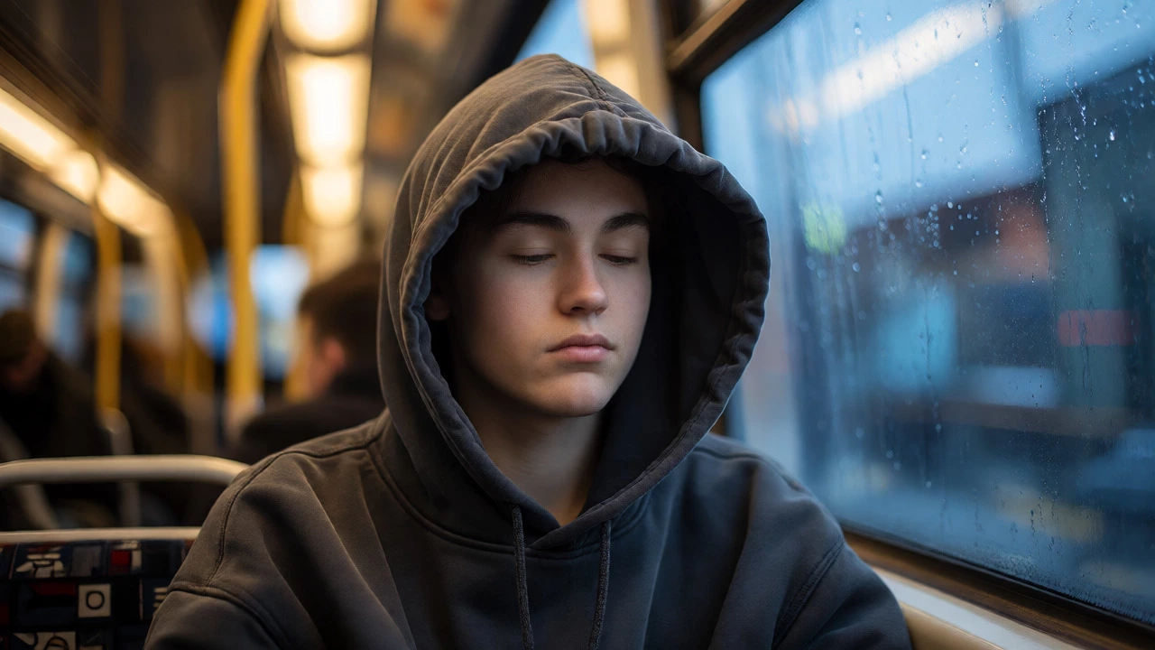 Person finding comfort in hoodie on public transport