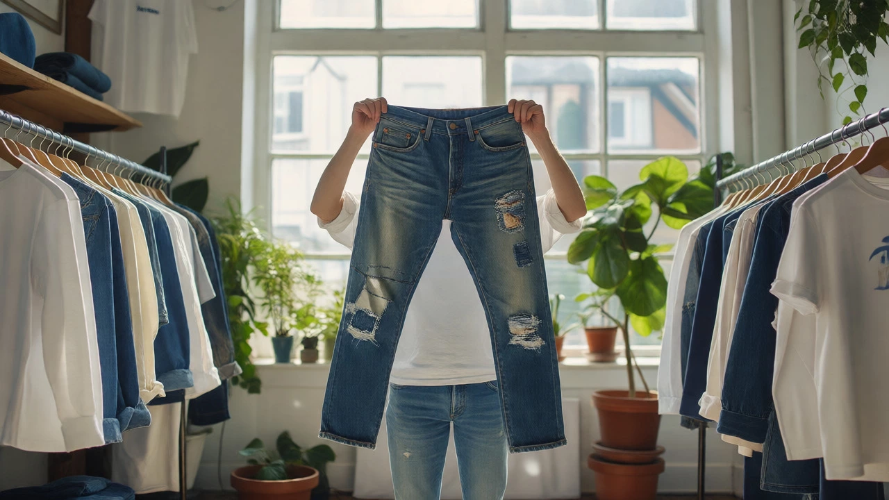 Person holding repaired vintage jeans in a sunlit sustainable fashion boutique.
