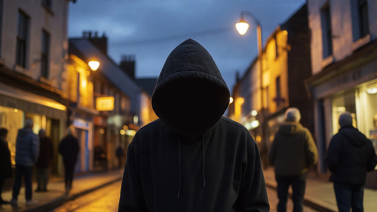 Person in black hoodie standing alone under streetlight in Irish town