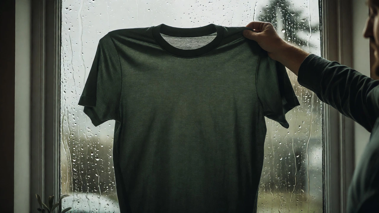 Person testing t-shirt elasticity against a rain-streaked window in Ireland.
