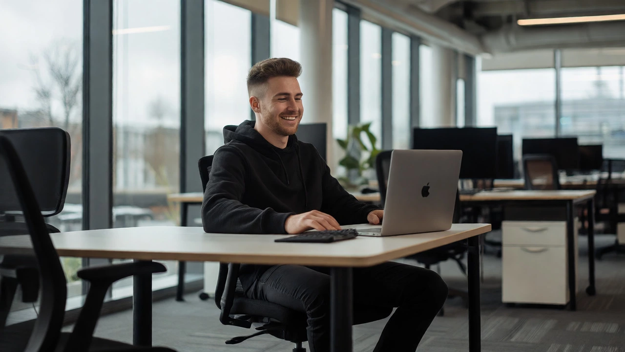 Professional working remotely in hoodie at tech office
