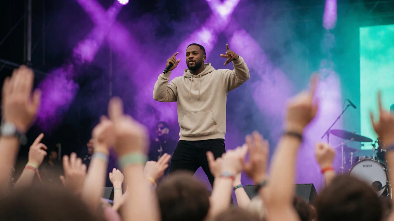Rapper performing on stage at a festival wearing a hoodie