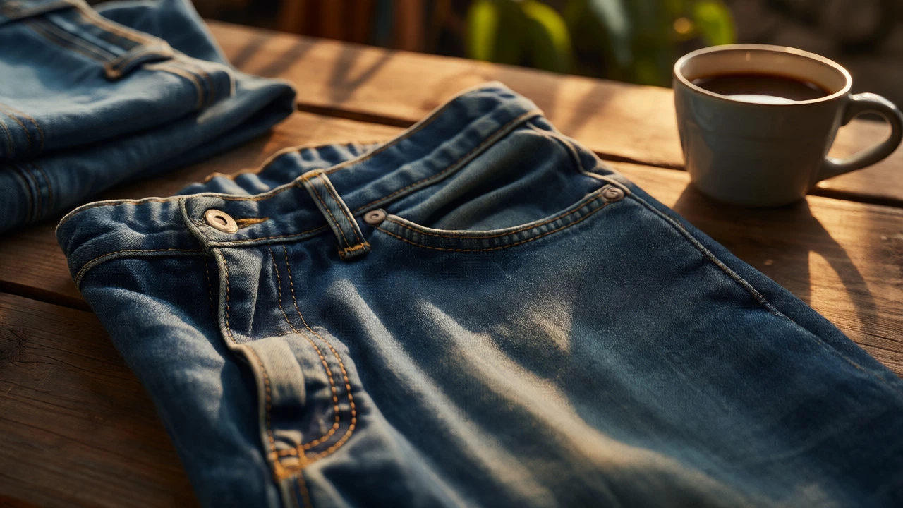 Rugged heavyweight denim jeans displayed on wood, highlighting durable stitching and texture.
