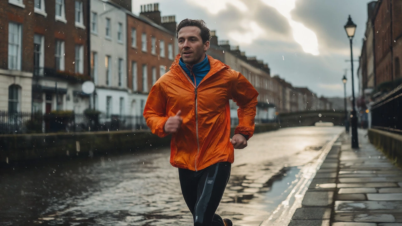 Runner in waterproof gear jogging along Dublin's Grand Canal in the rain.