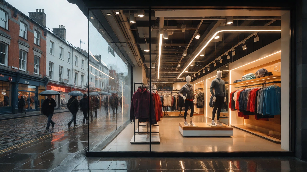 Sports boutique on Cork's St Patrick's Street during a rainy day