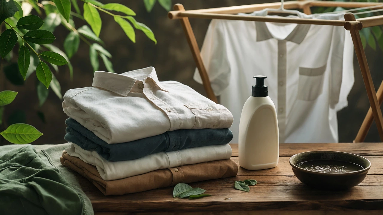 Stack of sustainable shirts with eco-friendly care items on a wooden table
