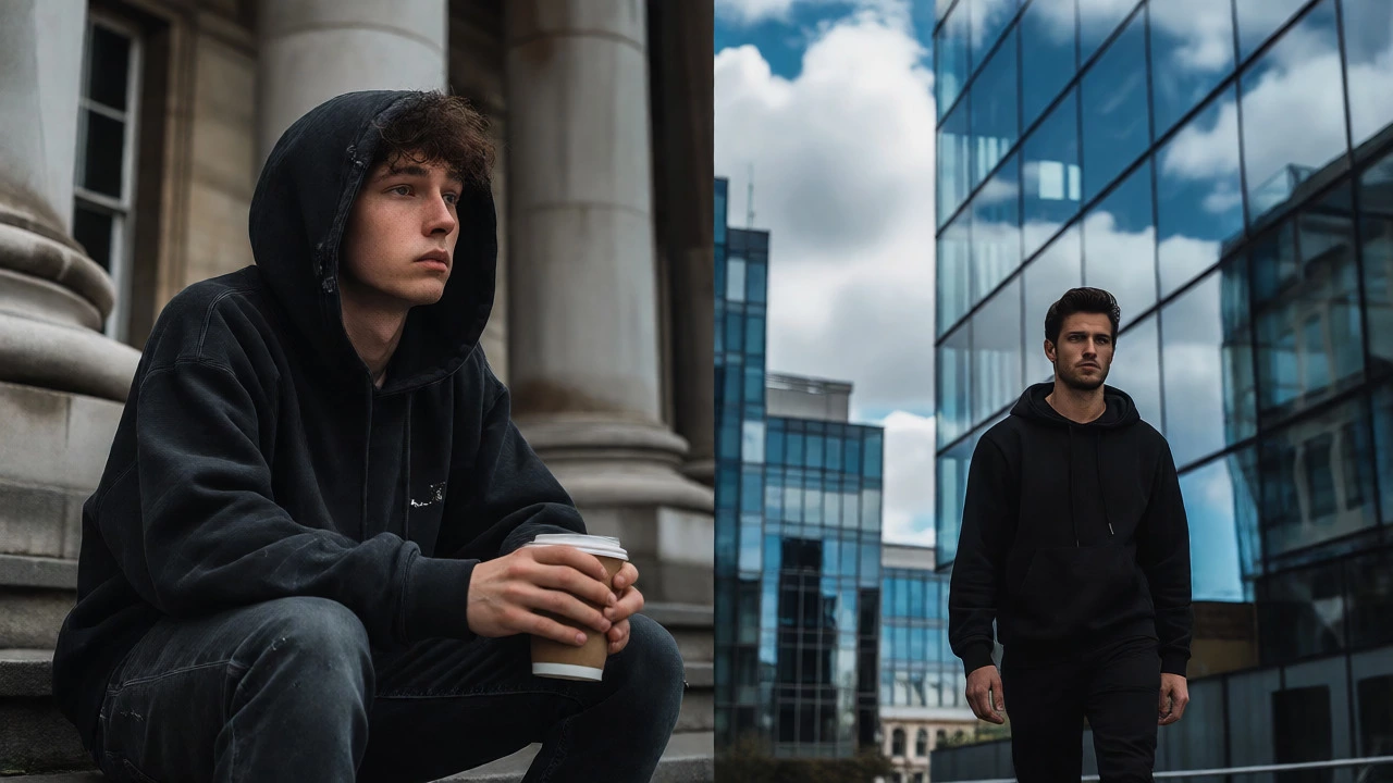 Student in hoodie at Trinity College contrasting with tech workers in background