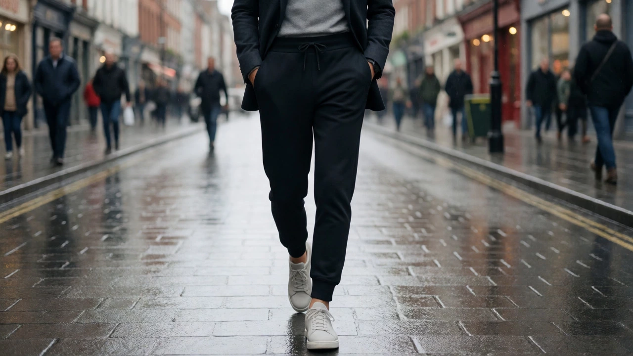 Stylish athleisure outfit worn while walking on wet Grafton Street in Dublin