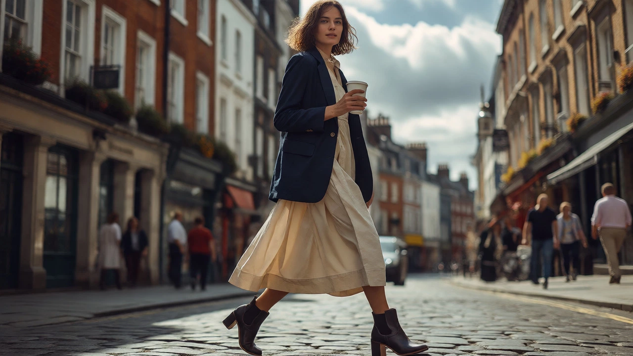 Stylish woman in midi dress and blazer walking on Grafton Street
