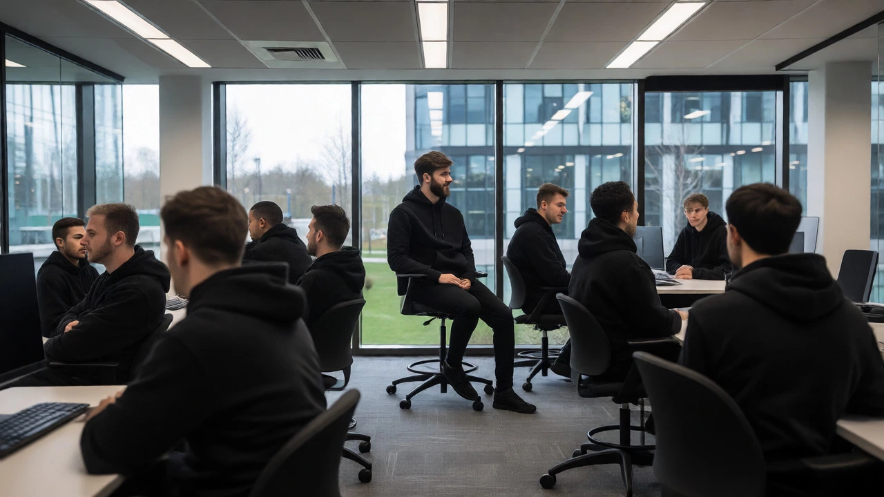 Tech workers in black hoodies at modern Dublin office