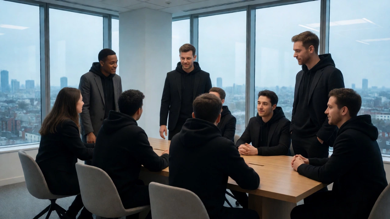 Tech workers in black hoodies collaborating in a modern office