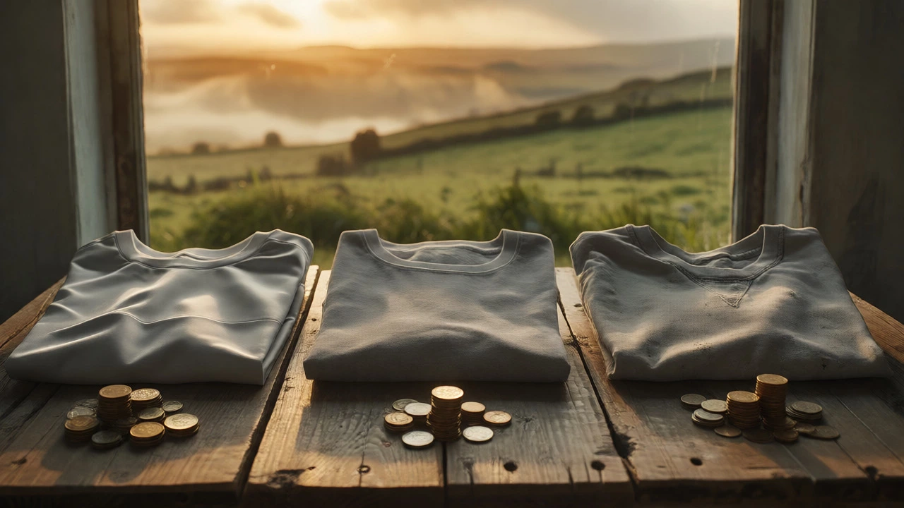 Three folded grey t-shirts of varying qualities arranged on a wooden table with coins.