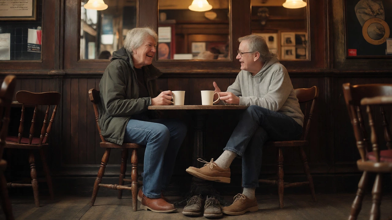 Two friends chatting in a pub with comfortable indoor footwear visible
