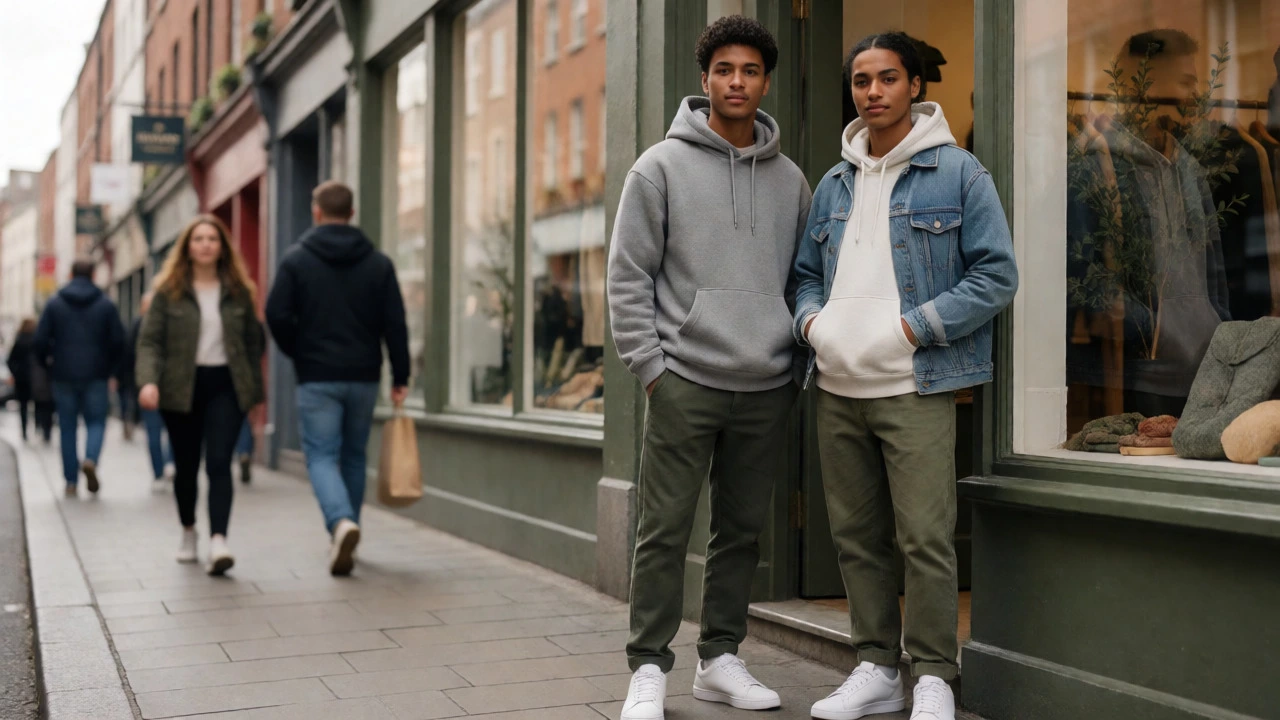Two people in stylish hoodies and sneakers on a Dublin street