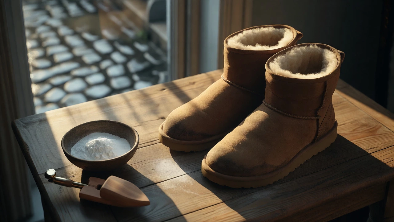 UGG boots on a table with baking soda and a cedar shoe tree in morning light.