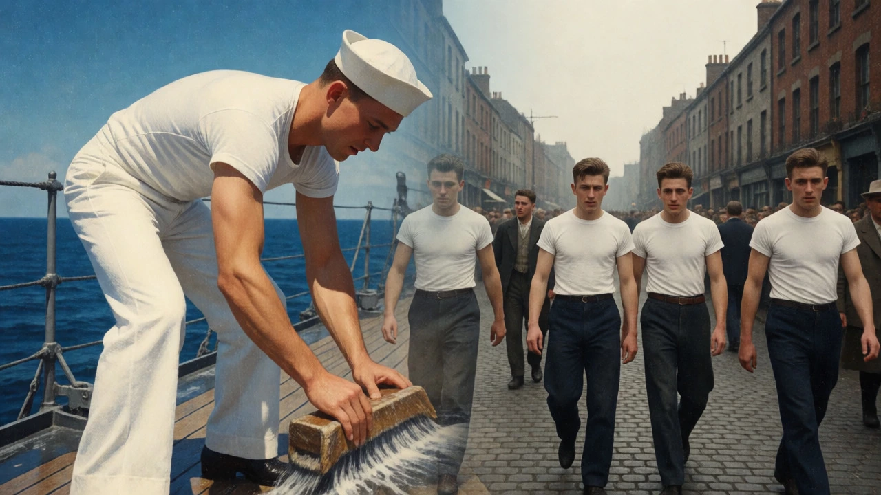 Vintage collage of a US Navy sailor and 1950s Dublin youth wearing white tees