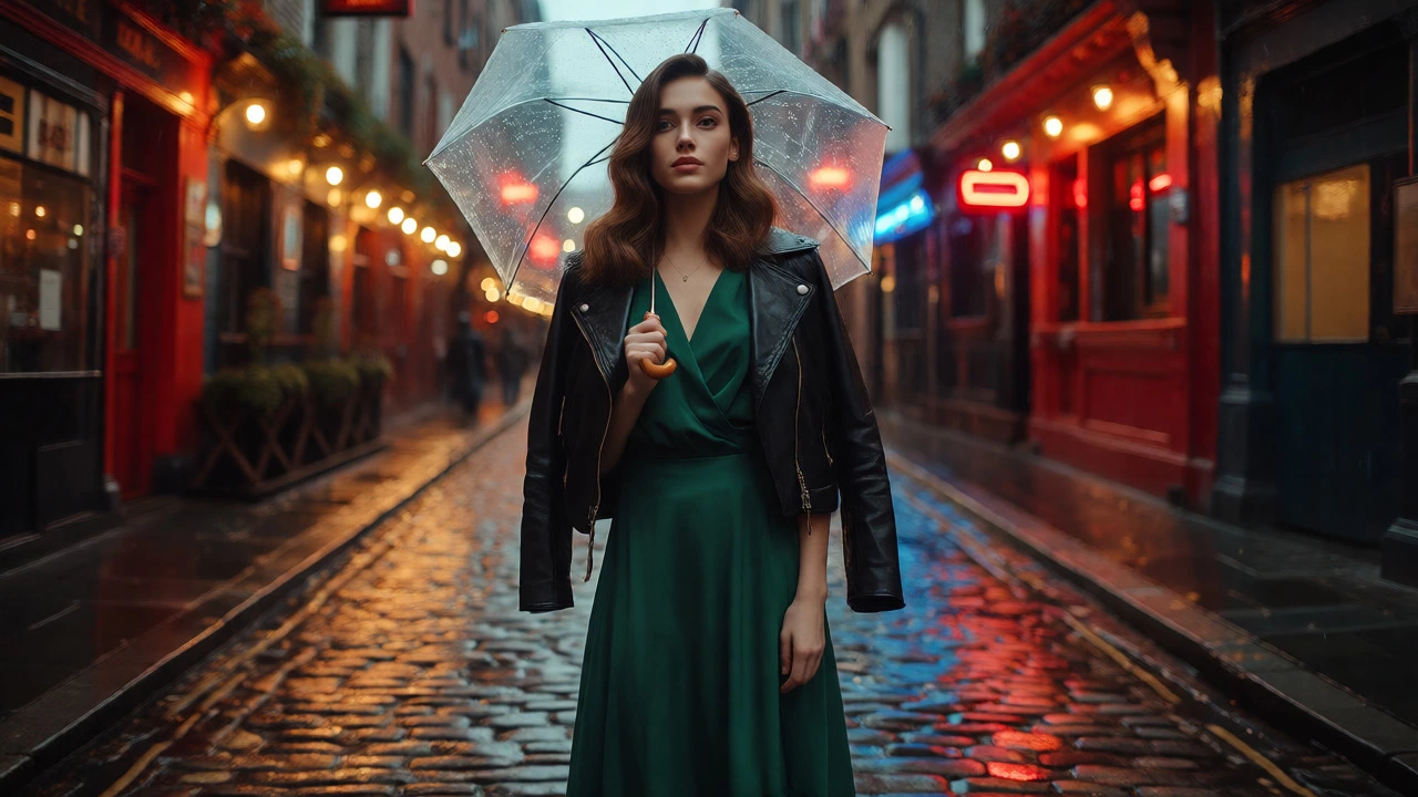 Woman in green dress and leather jacket on rainy Dublin cobblestones