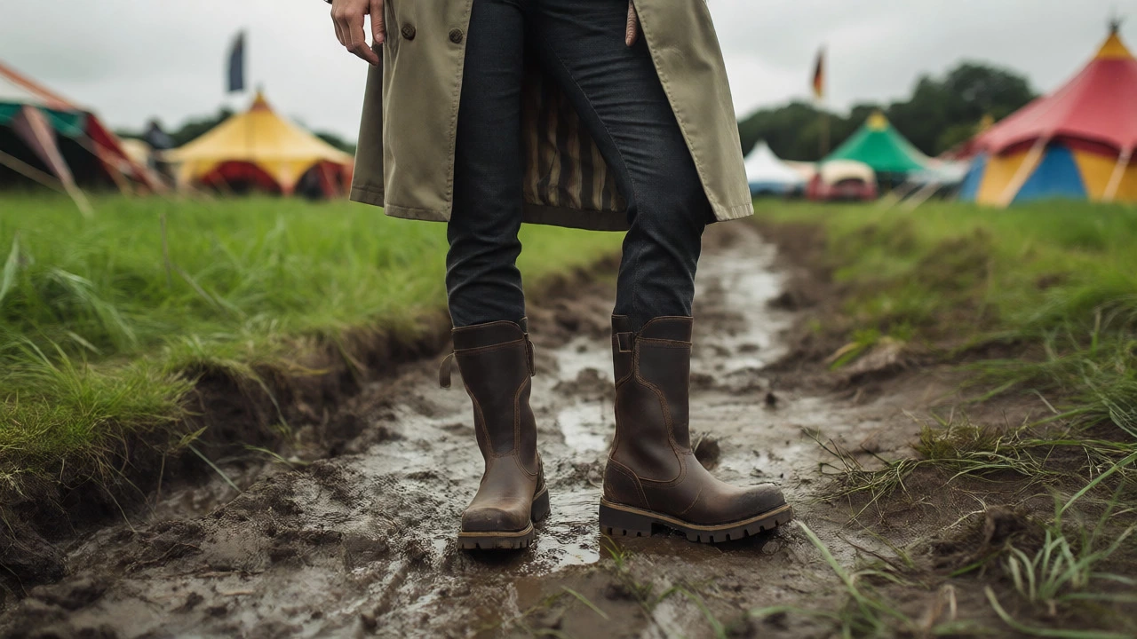 Woman in rugged square-toe boots standing on muddy grass at an Irish festival