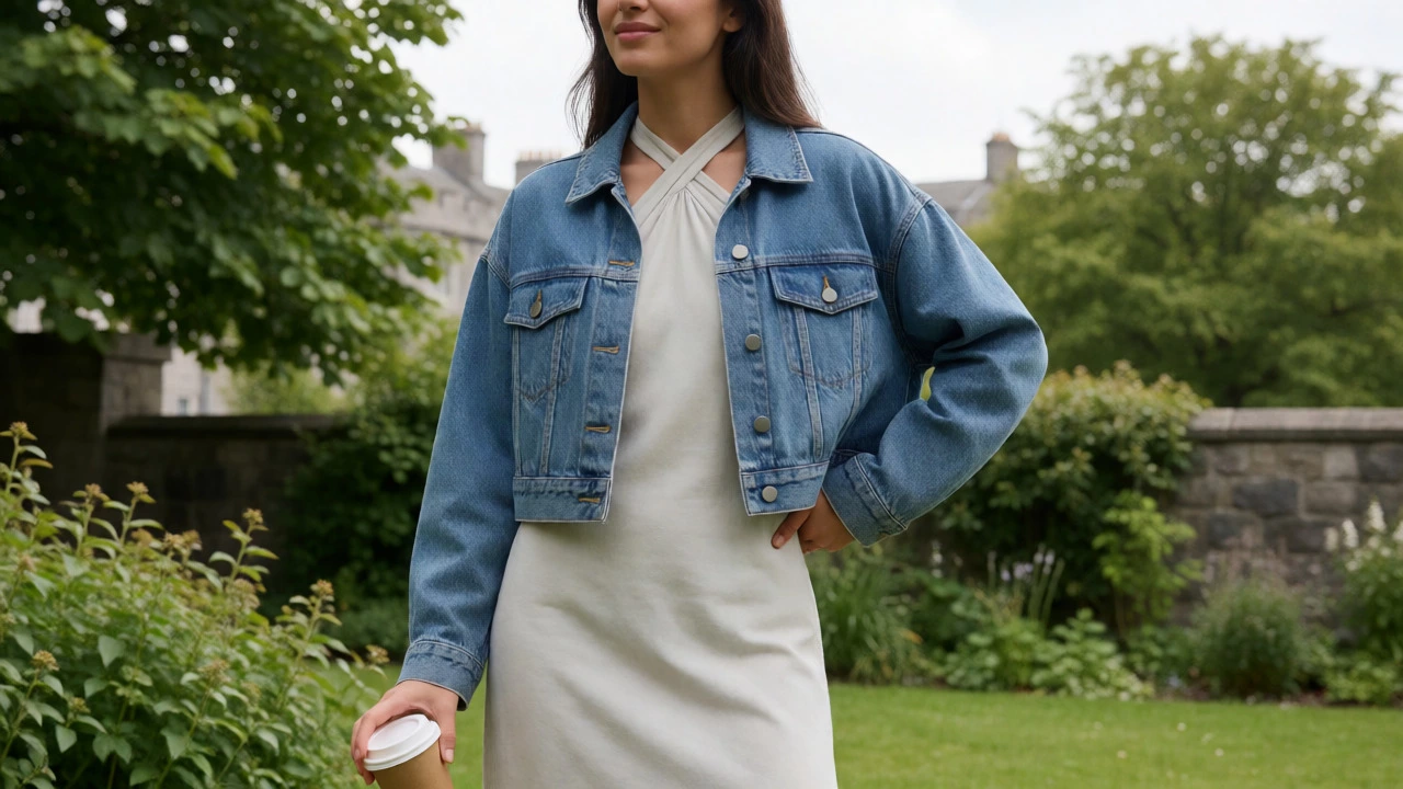 Woman wearing halter dress and cropped denim jacket outdoors