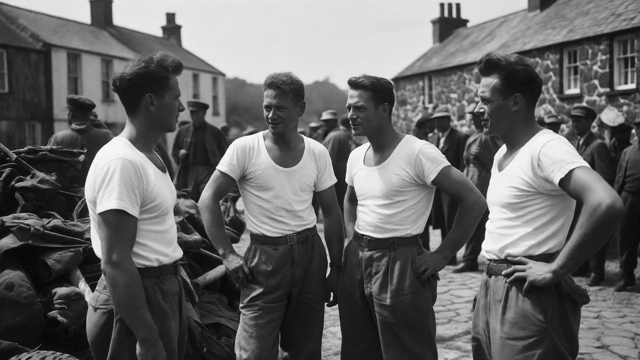 1940s American soldiers wearing white tees in an Irish port town