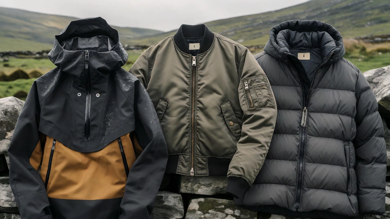 Anorak, bomber, and puffer jackets displayed outdoors, highlighting zipper closures and weather-resistant materials.