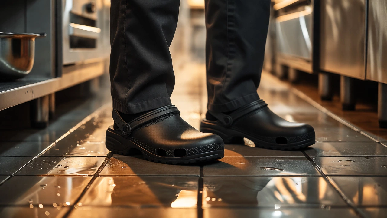 Chef wearing non-slip black clogs on a wet commercial kitchen floor.