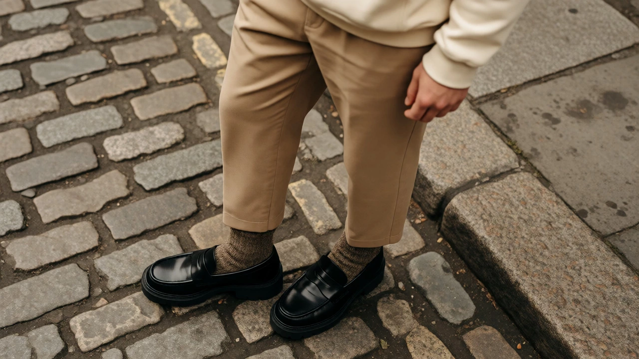 Chunky loafers with wool socks and beige trousers for Irish weather