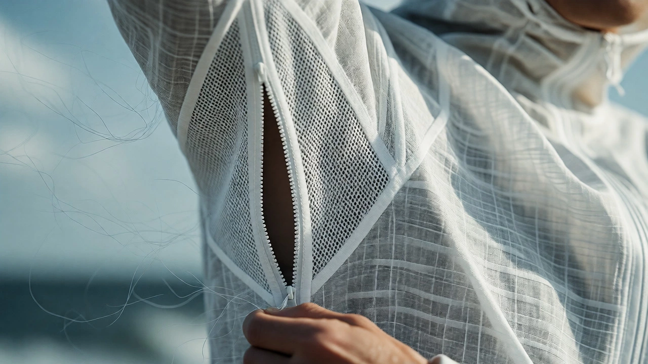 Close-up of breathable mesh-lined hoodie fabric with zipper detail against a blurred coastal background.